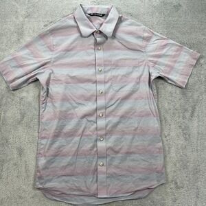 Travis Mathew Button Up Shirt Men Small Pink Blue Striped Short Sleeve Stretch